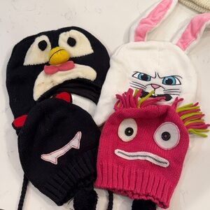 Kids Fun Character Beanie Set - Black, White, Pink